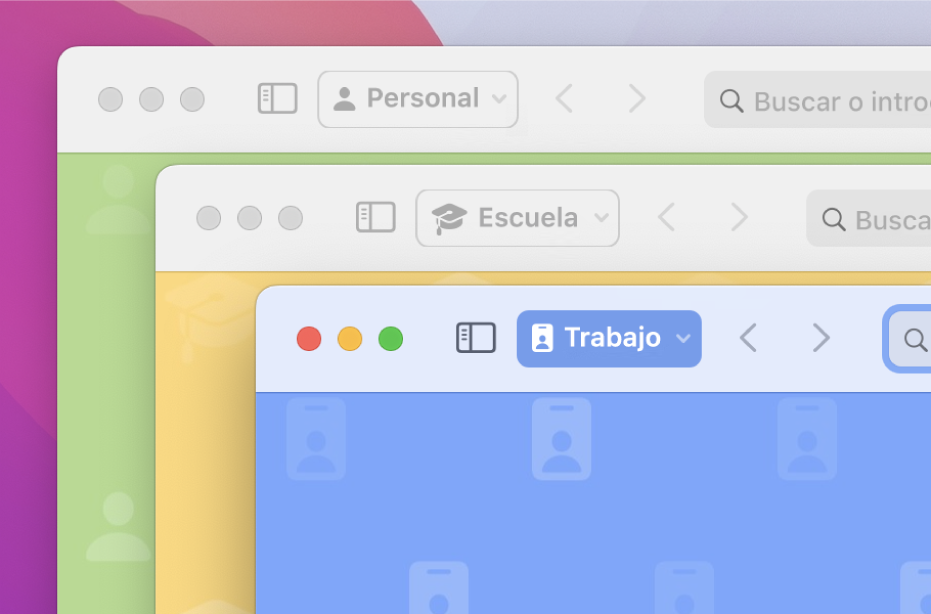 Tres ventanas de perfiles de Safari: uno para uso personal, otro para la escuela y otro para el trabajo.