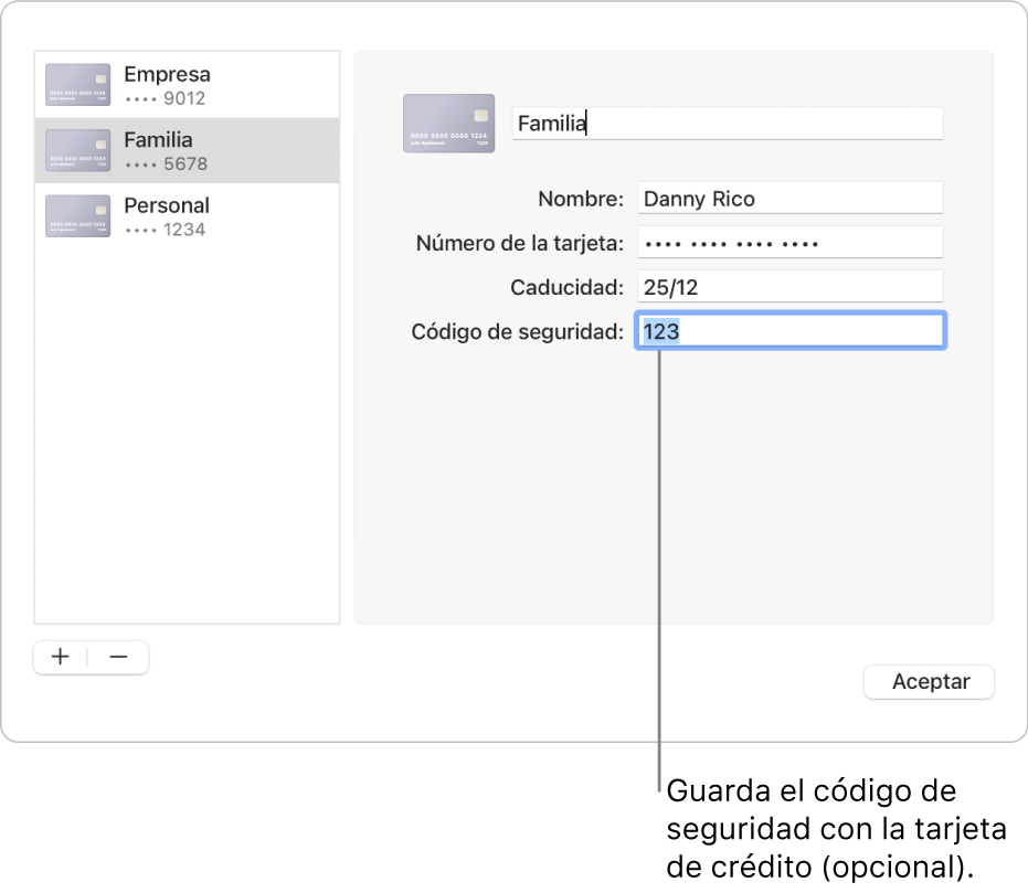 Una tarjeta de crédito con campos para introducir el nombre, el número de la tarjeta, la fecha de caducidad y el código de seguridad.