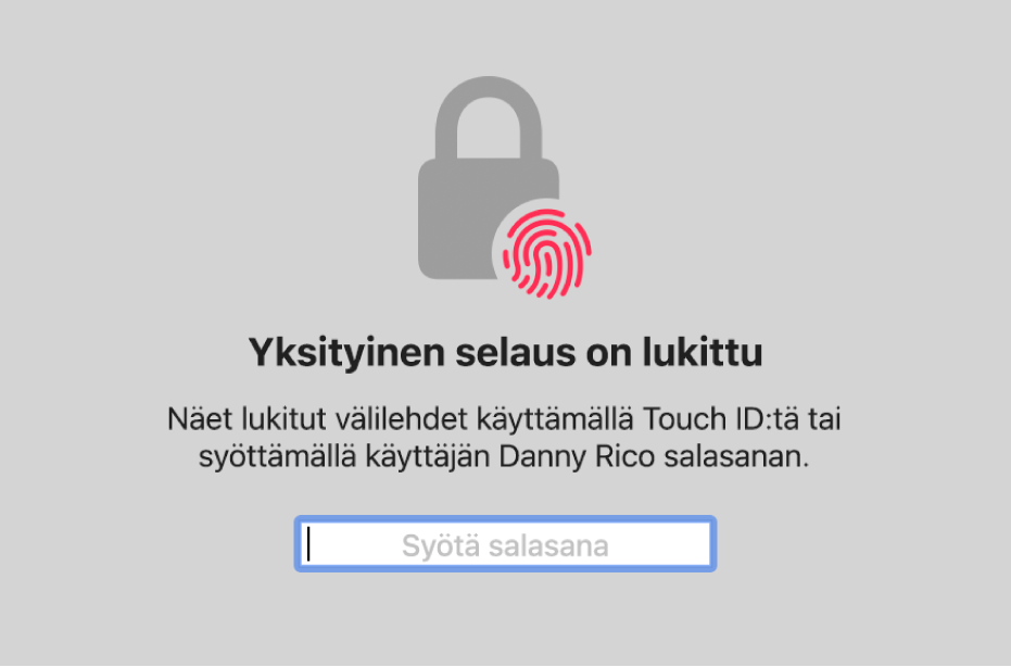 Ikkuna, jossa pyydetään Touch ID:tä tai salasanaa yksityisen selauksen ikkunoiden avaamiseen.