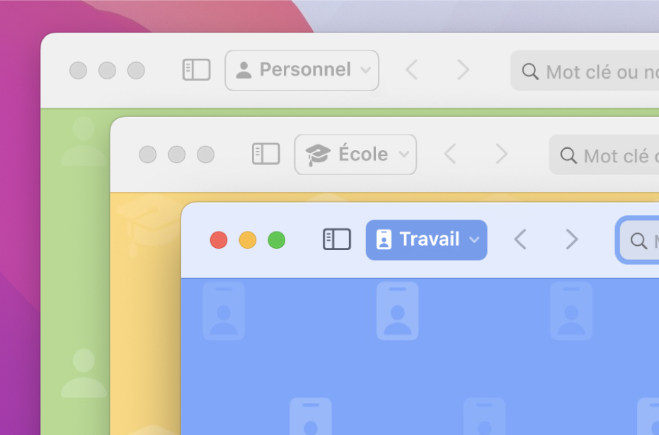 Trois fenêtres de profil Safari : une pour une utilisation personnelle, une pour l’école et une pour le travail.