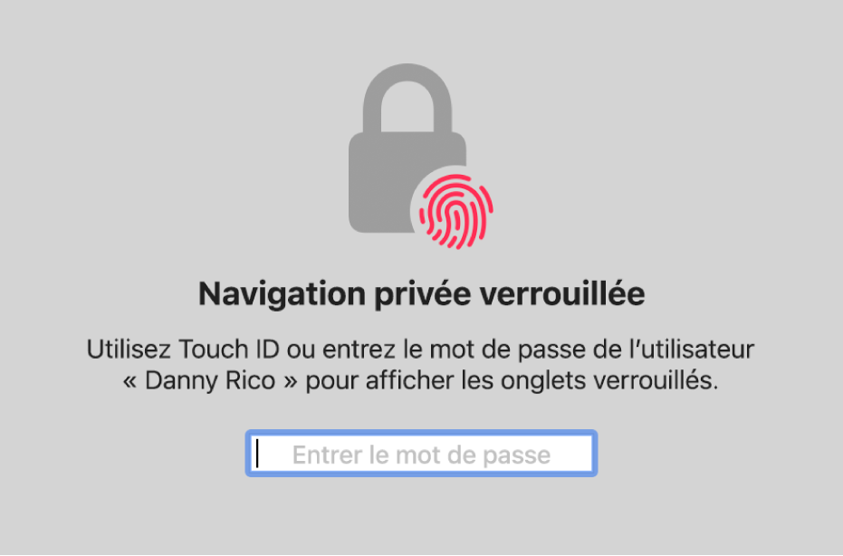 Fenêtre qui demande l’utilisation de Touch ID ou la saisie de votre mot de passe pour déverrouiller les fenêtres de navigation privée.