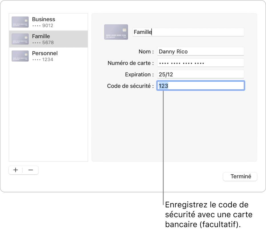 Formulaire d’une carte bancaire comportant des champs permettant de saisir le nom, le numéro de carte, la date d’expiration et le code de sécurité.