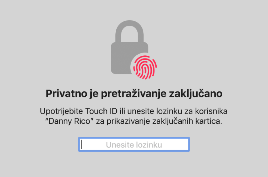 Prozor u kojem se traži Touch ID ili lozinka za otključavanje prozora Privatnog pretraživanja.