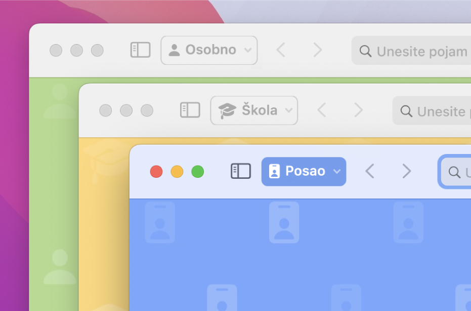 Tri prozora Safari profila: jedan za osobnu uporabu, jedan za školu i jedan za posao.