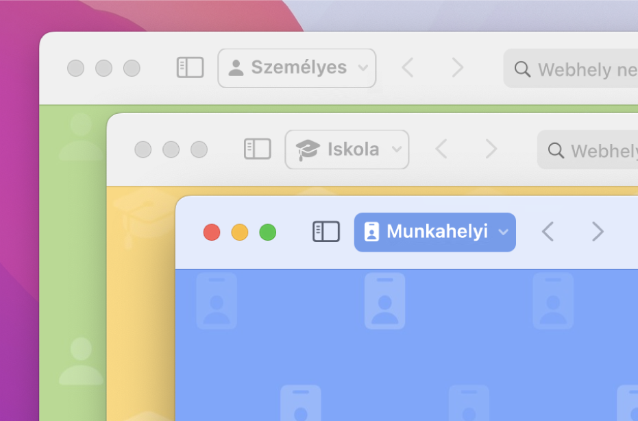 Három Safari-profil ablaka: egy személyes használathoz, egy az iskolához és egy munkára.