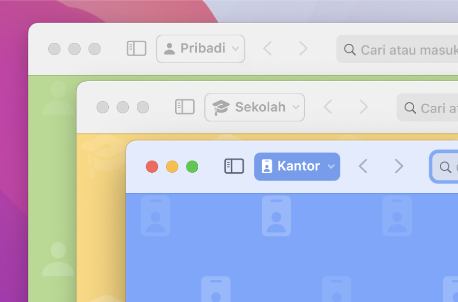 Tiga jendela profil Safari: satu untuk penggunaan pribadi, satu untuk sekolah, dan satu untuk kantor.