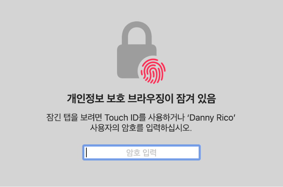 개인 정보 보호 브라우징 윈도우를 잠금 해제하는 데 Touch ID 또는 암호를 요청하는 윈도우.