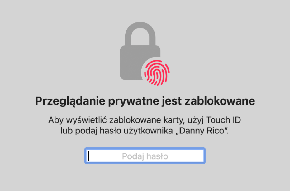 Okno z prośbą o użycie Touch ID lub hasła w celu odblokowania okien przeglądania prywatnego.