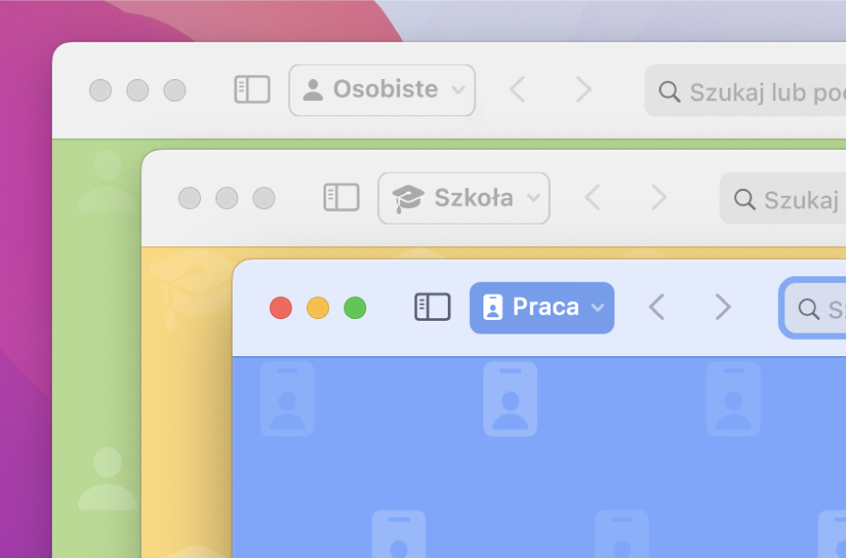 Trzy okna profili Safari: jeden profil przeznaczony na użytek osobisty, drugi związany ze szkołą, a trzeci związany z pracą.