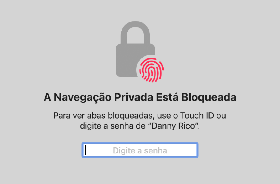 Janela pedindo o Touch ID ou a senha para desbloquear janelas de Navegação Privada.