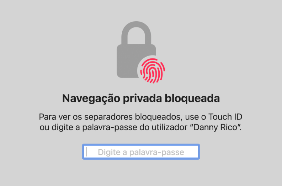 Uma janela a pedir o Touch ID ou a palavra-passe para desproteger as janelas de navegação privada.