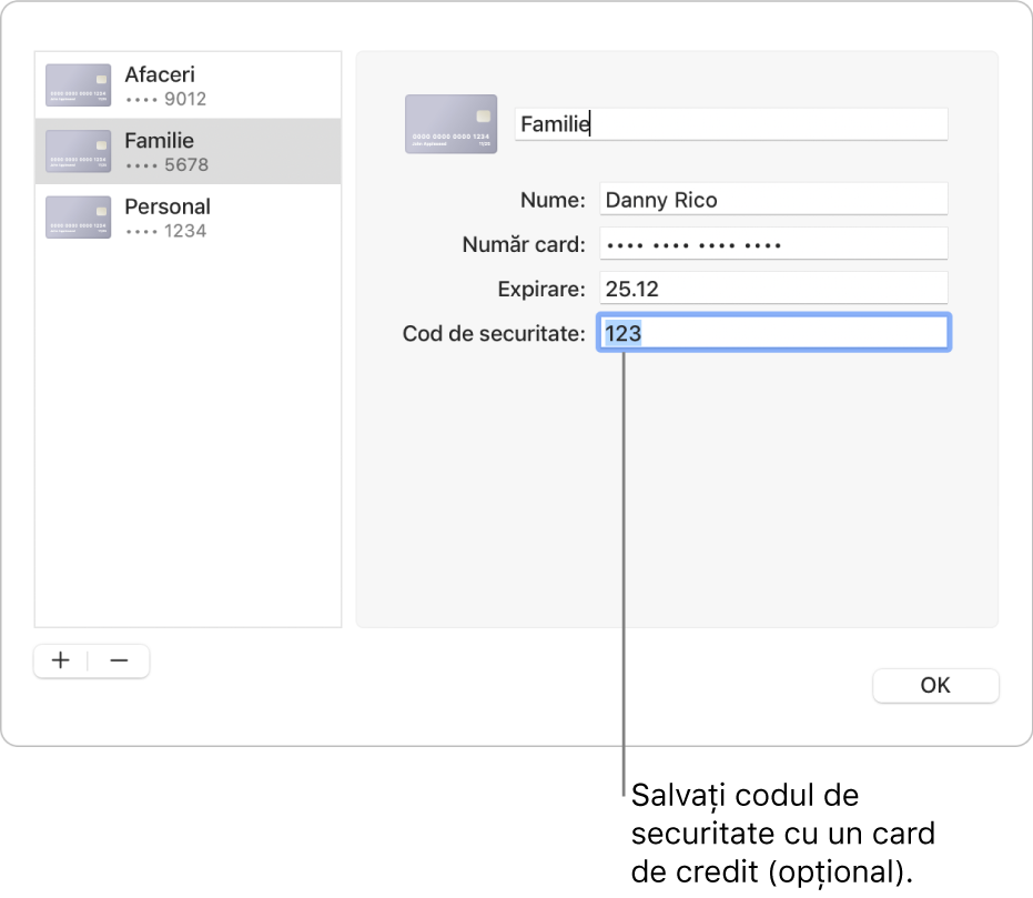 Un formular pentru card de credit cu câmpuri pentru introducerea numelui, numărului de card, datei de expirare și codului de securitate.
