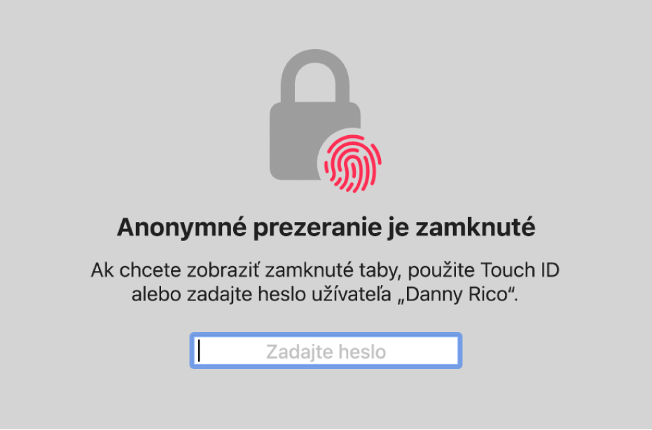 Okno, ktoré žiada Touch ID alebo heslo na odomknutie okien v režime anonymného prezerania.