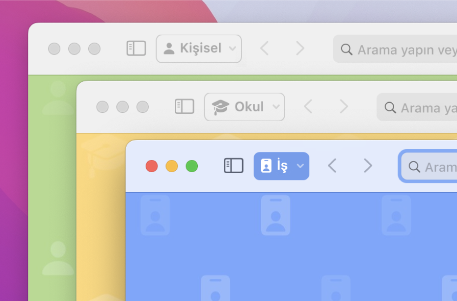 Üç Safari profili penceresi: biri kişisel kullanım, biri okul ve biri de iş için.