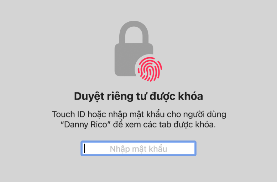 Một cửa sổ đang yêu cầu Touch ID hoặc mật khẩu của bạn để mở khóa các cửa sổ Duyệt riêng tư.