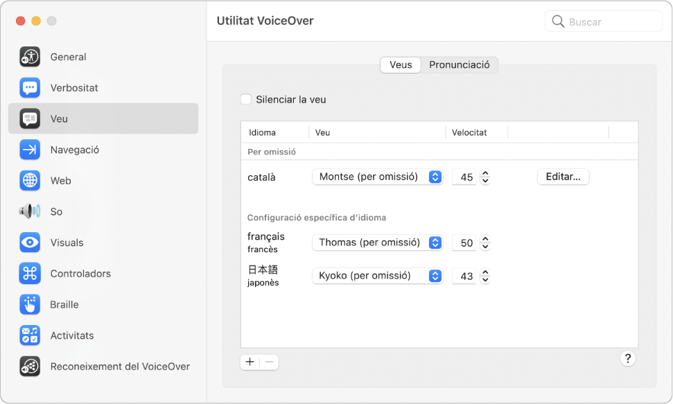 Les opcions de configuració com ara la veu i la velocitat de lectura en diversos idiomes del VoiceOver es mostren al tauler “Veus” de la categoria “Veu” de la Utilitat VoiceOver.