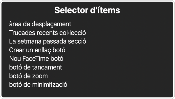 El selector d’ítems és un tauler que mostra una llista d’ítems com ara una àrea de desplaçament i el botó per tancar, entre d’altres.