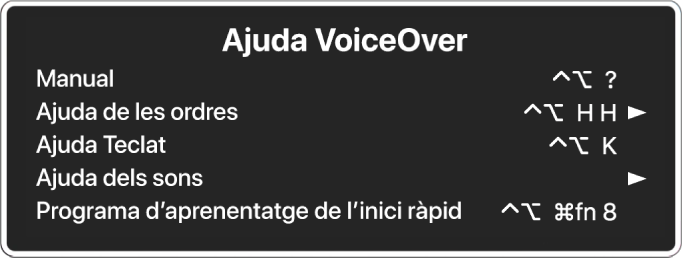 El menú d’ajuda del VoiceOver en què es mostren les opcions, de dalt a baix: “Manual”, “Ajuda de les ordres”, “Ajuda Teclat”, “Ajuda dels sons” i “Programa d’aprenentatge de l’inici ràpid”. A la dreta de cada ítem hi ha l’ordre del VoiceOver que mostra l’ítem o una fletxa per accedir a un submenú.