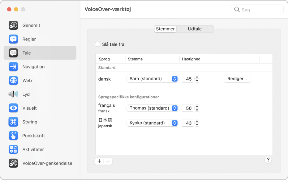 Indstillinger, f.eks. stemme og talehastighed for flere VoiceOver-sprog, vises i vinduet Stemmer i kategorien Tale i VoiceOver-værktøj.