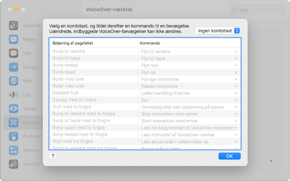 En liste med VoiceOver-bevægelser og tilhørende kommandoer vises i Pegefeltstyring i VoiceOver-værktøj.