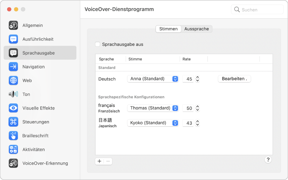 Einstellungen wie Stimme und Sprechtempo für mehrere VoiceOver-Sprachen werden im Bereich „Stimmen“ der Kategorie „Sprachausgabe“ im VoiceOver-Dienstprogramm angezeigt.