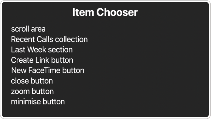 The Item Chooser is a panel that lists items such as scroll area and close button, among others.