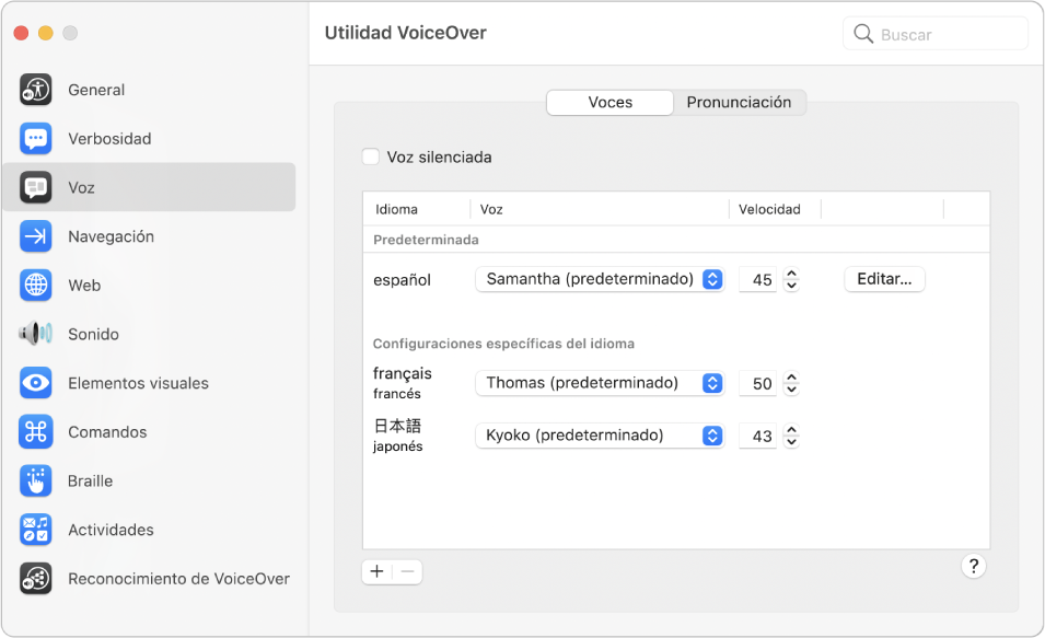 Las configuraciones como la voz y velocidad de habla para varios idiomas de VoiceOver se muestran en el panel Voces de la categoría Lectura en Utilidad VoiceOver.