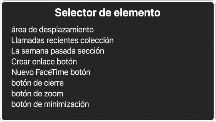 El selector de elementos es un panel que muestra una lista de elementos como un área de desplazamiento y el botón para cerrar, entre otros.