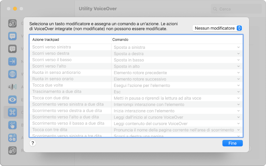Un elenco delle azioni di VoiceOver e dei comandi corrispondenti sono mostrati nel Commander Trackpad in Utility VoiceOver.