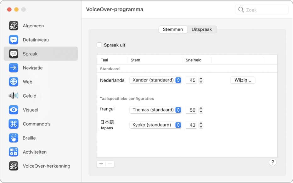 Instellingen zoals stem en spreeksnelheid voor meerdere VoiceOver-talen worden weergegeven in het paneel 'Stemmen' van de categorie 'Spraak' in VoiceOver-programma.