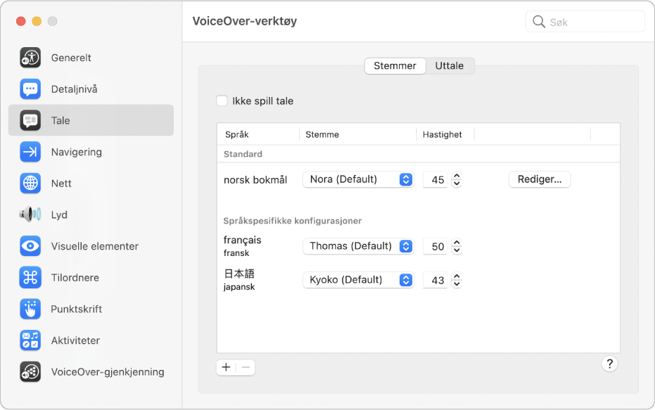 Innstillinger som stemme og talehastighet for flere VoiceOver-språk, vises i Stemmer-panelet i Tale-kategorien i VoiceOver-verktøy.