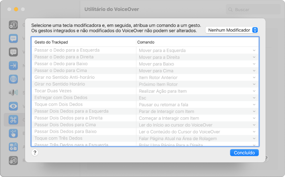 Lista de gestos e comandos correspondentes do VoiceOver são mostrados no Comando do Trackpad no Utilitário do VoiceOver.