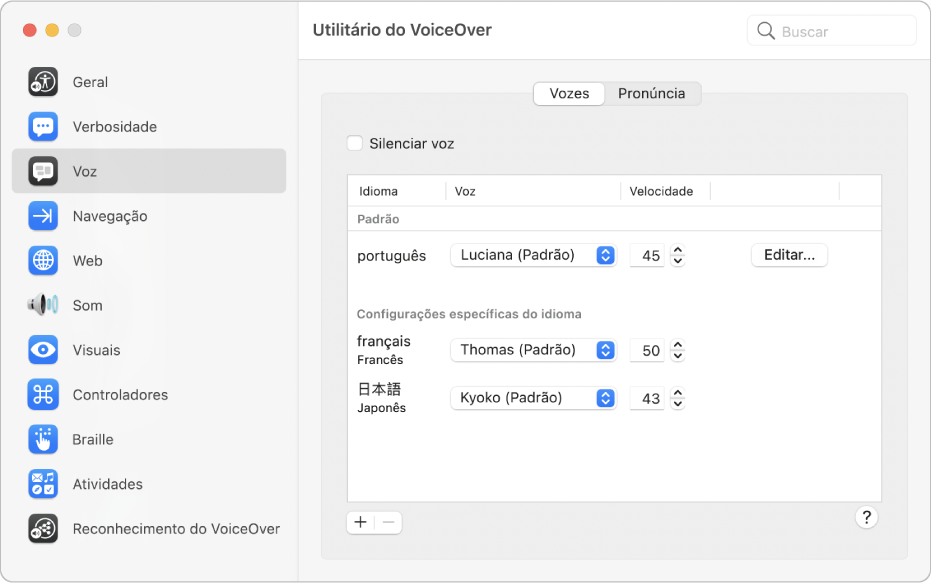 Ajustes como voz e velocidade da fala para vários idiomas do VoiceOver são mostrados no painel Vozes da categoria Fala no Utilitário do VoiceOver.