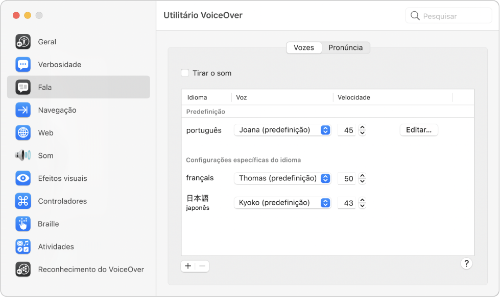 As definições, como voz e taxa de enunciação, para vários idiomas do VoiceOver são mostradas no painel “Vozes” da categoria “Enunciação” do Utilitário VoiceOver.