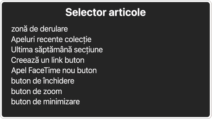Selectorul de articole este un panou care listează, printre altele, articole precum o zonă de derulare și butonul de închidere.