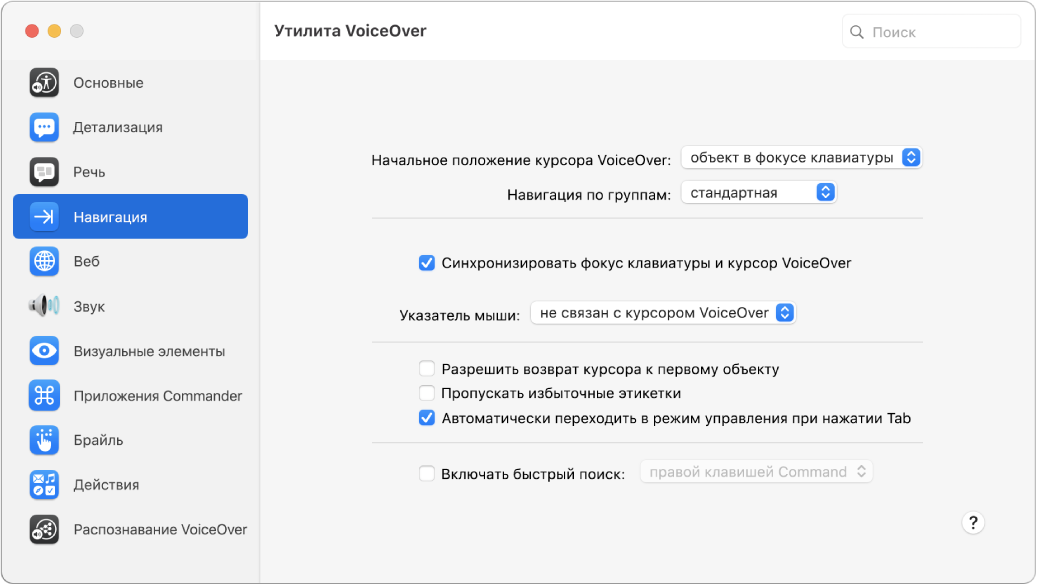 Окно приложения «Утилита VoiceOver». В боковом меню слева выбрана категория «Навигация», справа отображаются ее параметры. В правом нижнем углу окна находится кнопка «Справка», которая отображает онлайн-справку VoiceOver с описанием параметров.