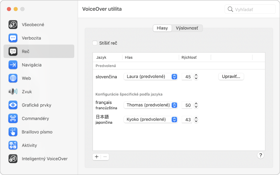 Nastavenia ako napríklad hlas a rýchlosť hovorenia pre viaceré jazyky VoiceOveru sú zobrazené v paneli Hlasy kategórie Reč v utilite VoiceOver.
