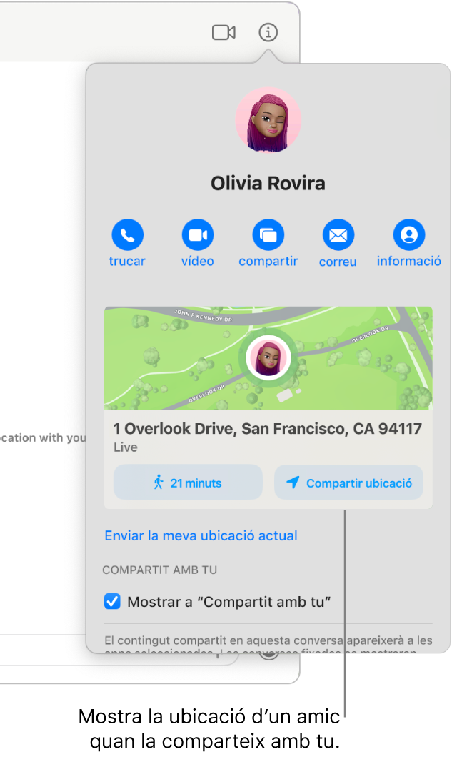 La vista d’informació, que apareix després de fer clic al botó d’informació en una conversa, mostrant la icona d’una persona que ha compartit la seva ubicació amb tu, un mapa i l’adreça de la seva ubicació.