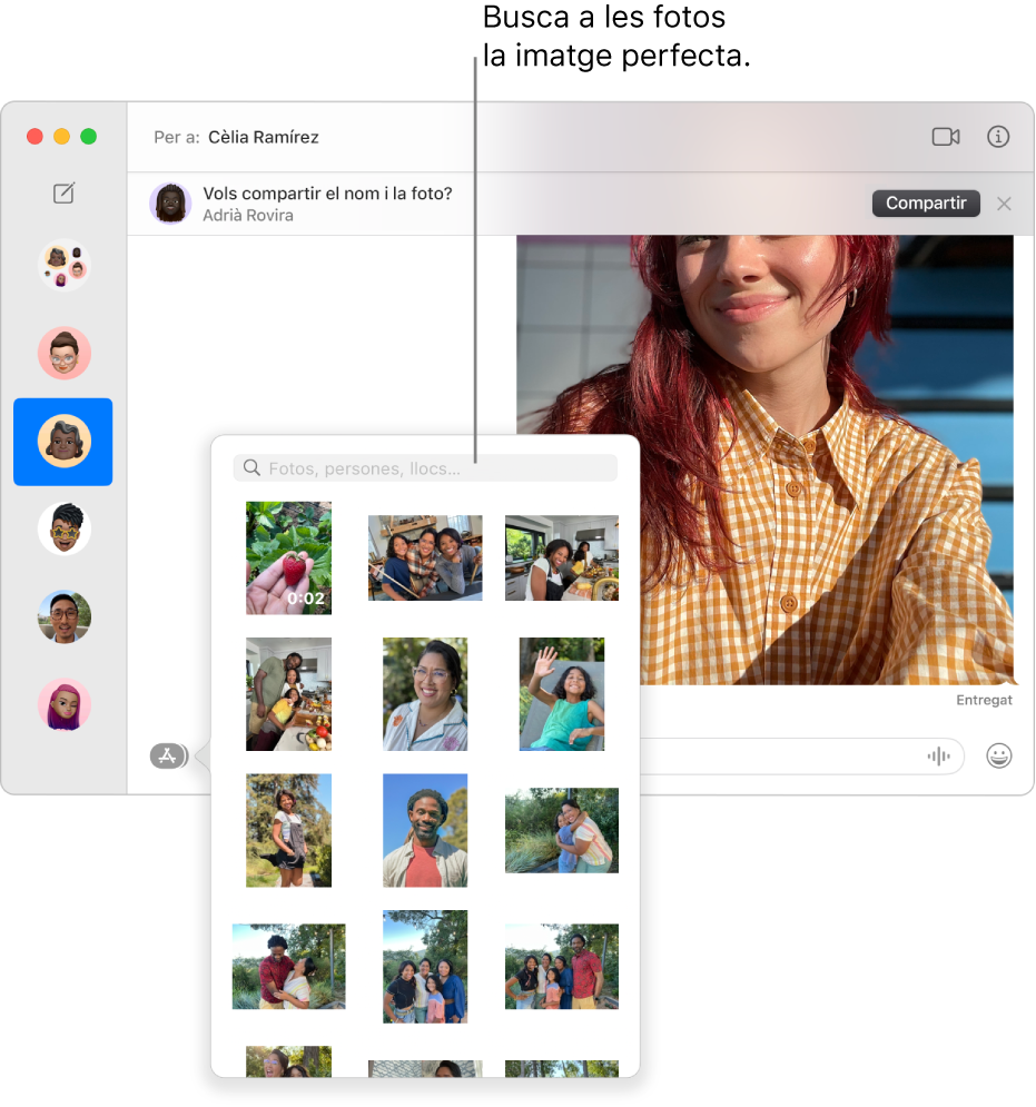 Finestra de l’app Missatges amb una llista de diverses converses a la barra lateral de l’esquerra, el camp de cerca per buscar a les fotos, i una conversa a la dreta.