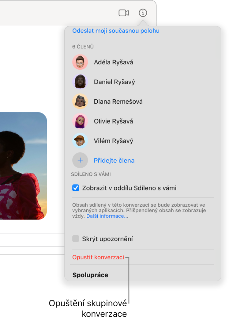 Zobrazení Informace, které se objeví po kliknutí na tlačítko Informace v konverzaci. U dolního okraje dialogu je tlačítko Opustit konverzaci.