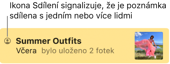 Poznámka sdílená s dalšími uživateli označená ikonou Sdílení před názvem poznámky