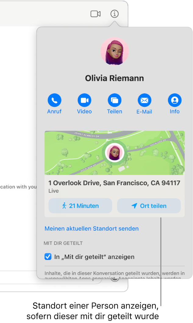 Die Darstellung „Info“, die erscheint, nachdem du in einer Konversation auf die Taste „Info“ geklickt hast, zeigt das Symbol einer Person, die ihre Standortdaten mit dir geteilt hat, sowie eine Karte und die Adresse dieses Standorts.