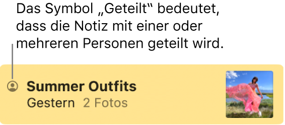 Eine Notiz, die mit anderen Personen geteilt wurde, mit dem Freigabe-Symbol links neben dem Namen der Notiz.