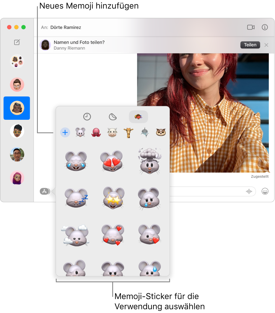 Im Fenster „Nachrichten“ sind mehrere Konversationen links in der Seitenleiste aufgelistet und rechts ist ein Protokoll zu sehen. Beim Auswählen von Memoji-Stickern über die Taste „Apps“ kannst du den zu verwendenden Memoji-Sticker wählen oder ein neues Memoji erstellen.