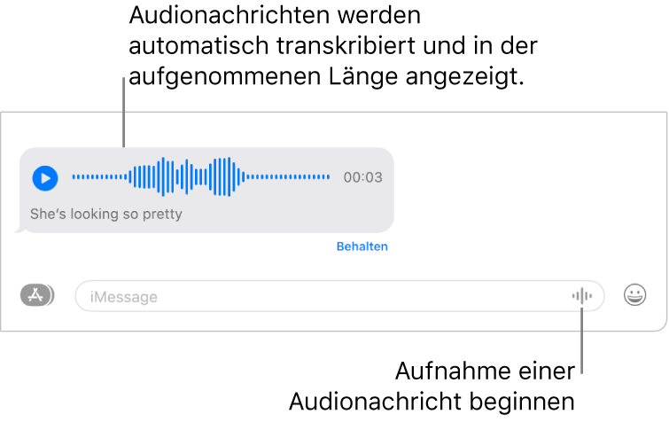 Eine Konversation in der App „Nachrichten“ mit der Taste zum Aufnehmen von Audio neben dem Textfeld unten im Fenster. In der Konversation wird eine Audionachricht mit dem zugehörigen Transkript und der Länge der Aufnahme angezeigt.