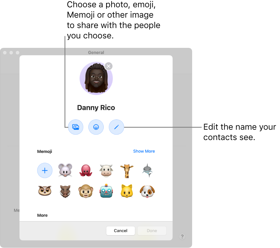 The Name and Photo Sharing dialog, showing options for editing the name your contacts see and choosing a photo, emoji, Memoji or other image.
