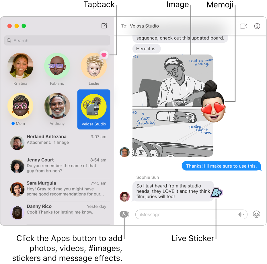 The Messages window with several conversations listed in the sidebar at the left, and a transcript showing on the right. A few items are highlighted in the transcript: a Tapback above a pinned conversation on the left, an image and Memoji on the right, and a Live Sticker in the lower-right corner. Click the Apps button at the bottom of the window to add photos, videos, #images, stickers and message effects.
