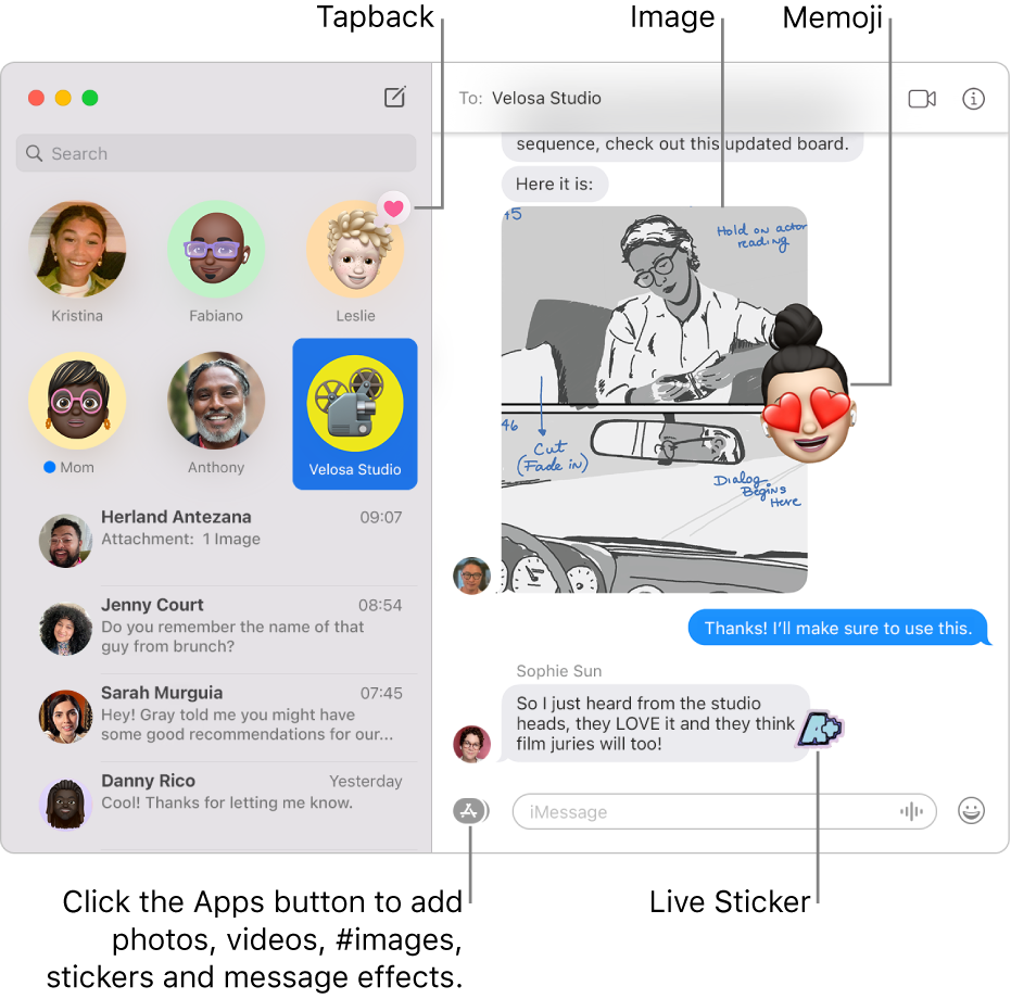The Messages window with several conversations listed in the sidebar on the left, and a transcript showing on the right. A few items are highlighted in the transcript: a Tapback above a pinned conversation on the left, an image and Memoji on the right, and a Live Sticker in the lower-right corner. Click the Apps button at the bottom of the window to add photos, videos, #images, stickers and message effects.