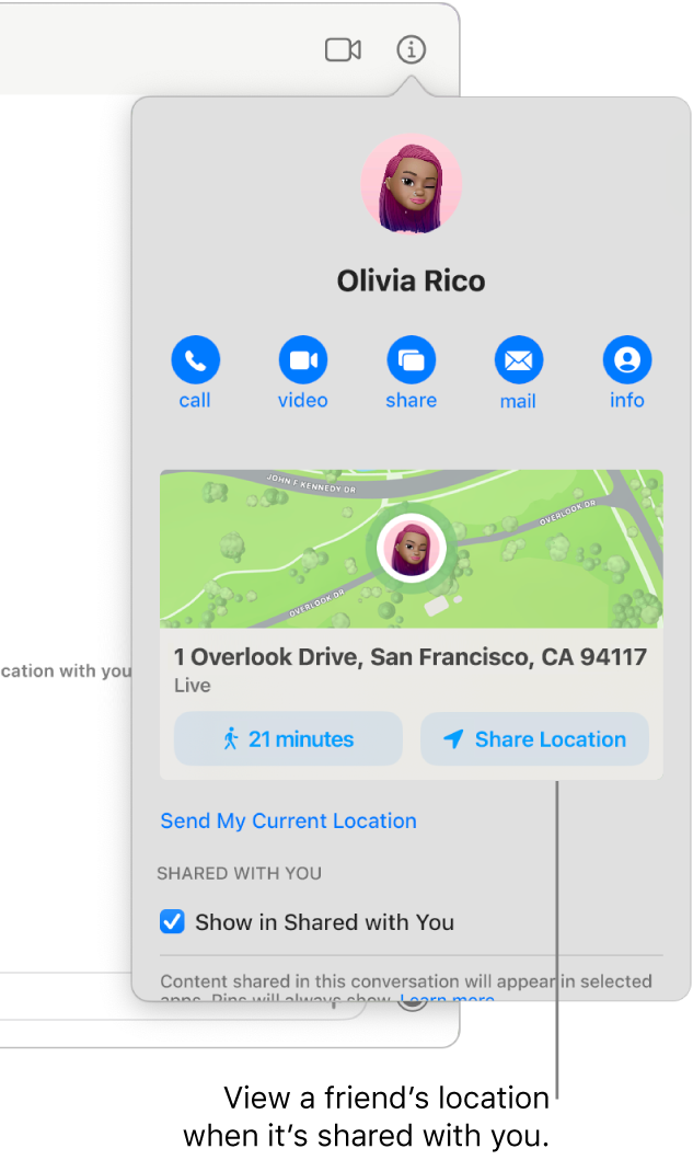 Info view, which appears after you click the Info button in a conversation, showing the icon of a person who shared their location with you and a map and address of their location.