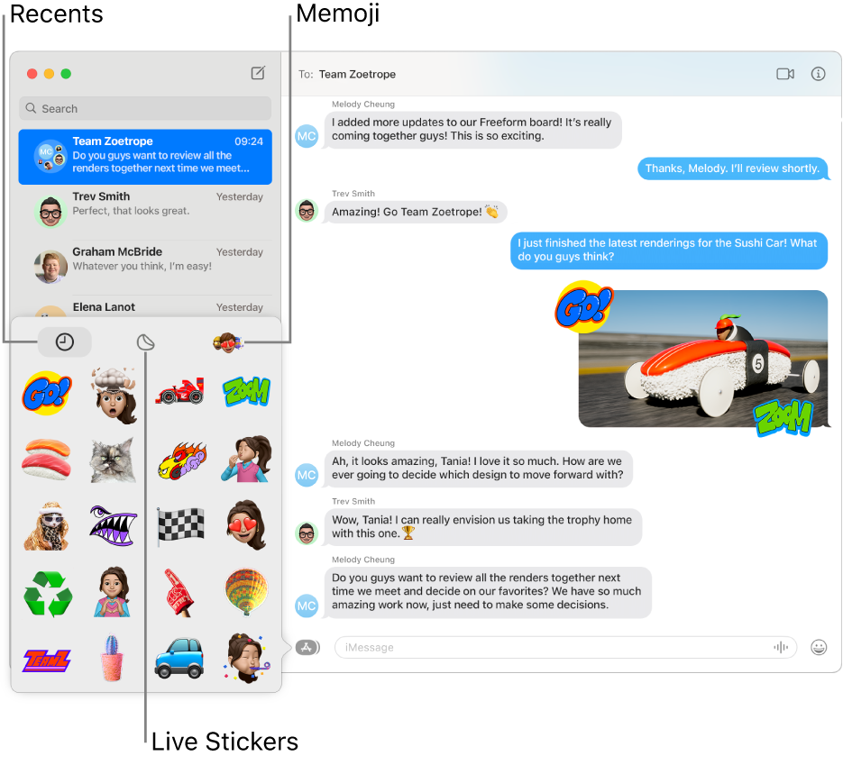 A Messages window with several conversations listed in the sidebar at the left. The Stickers options in the lower-left corner show Recents, Live Stickers and Memoji. A conversation is showing at the right.